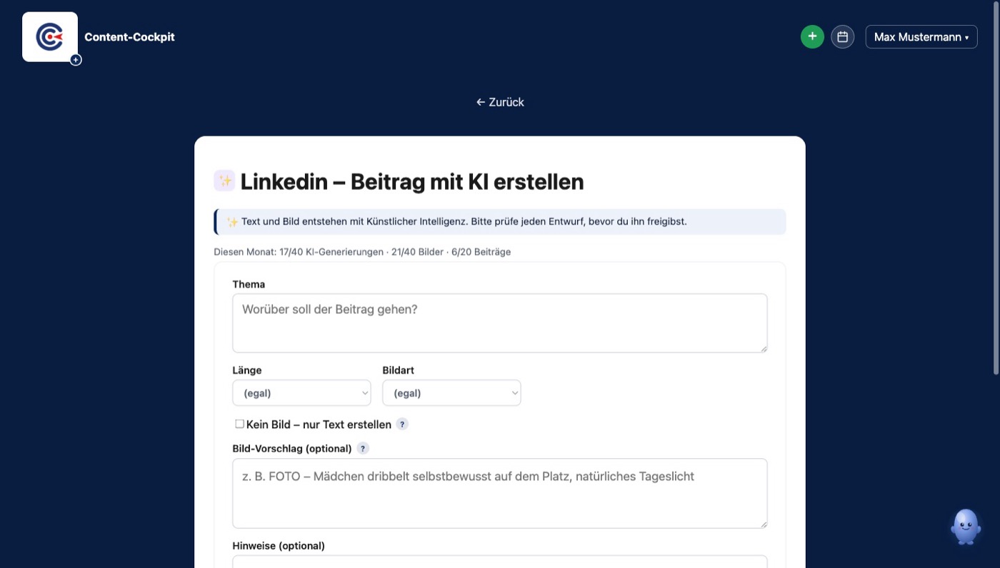 Content Cockpit: einen LinkedIn-Beitrag mit KI erstellen – Thema, Länge und Bildart wählen