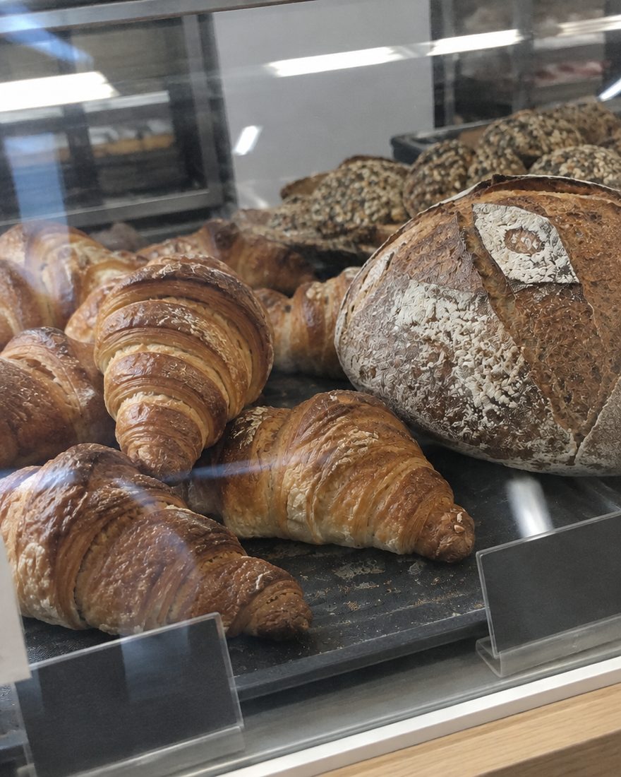 Handyfoto: Croissants und Brot in der Glasvitrine einer Bäckerei